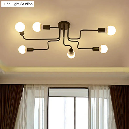 Vintage Metallic Semi Flush Light With Sputnik Design In Antique Brass/Black - Exposed Ceiling