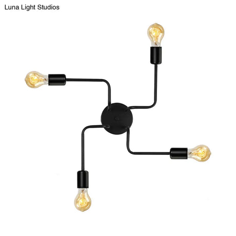 Vintage Metallic Semi Flush Light With Sputnik Design In Antique Brass/Black - Exposed Ceiling