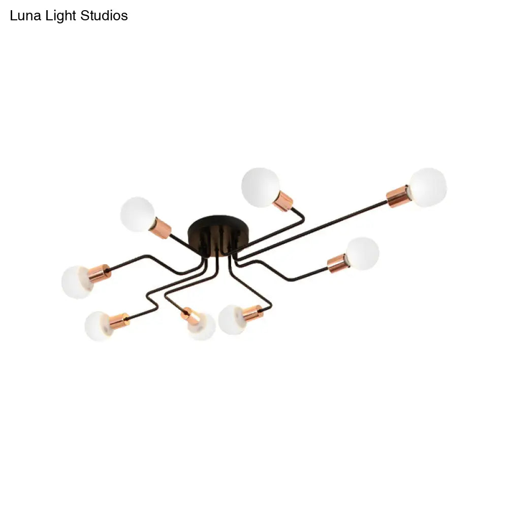 Vintage Metallic Semi Flush Light With Sputnik Design In Antique Brass/Black - Exposed Ceiling