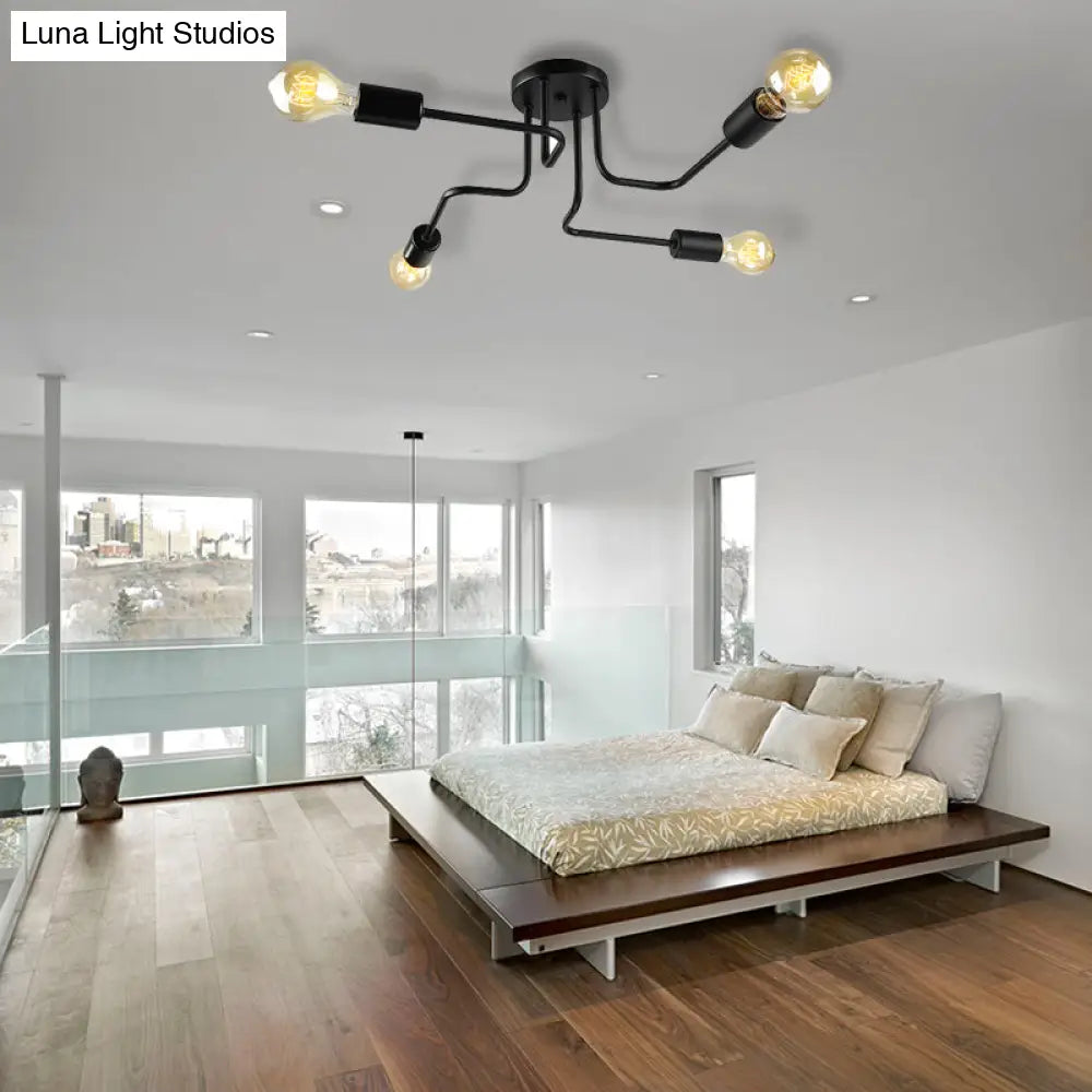 Vintage Metallic Semi Flush Light With Sputnik Design In Antique Brass/Black - Exposed Ceiling Mount