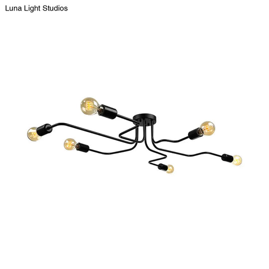Vintage Metallic Semi Flush Light With Sputnik Design In Antique Brass/Black - Exposed Ceiling