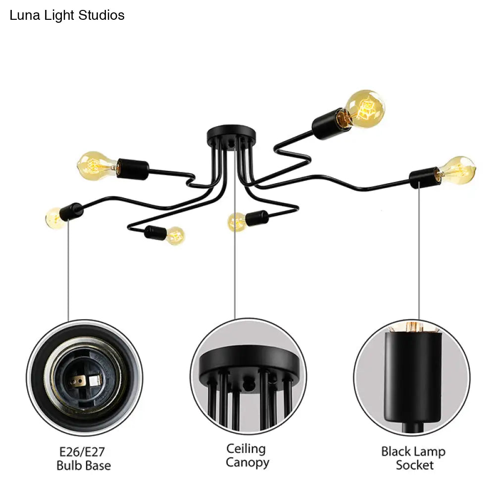 Vintage Metallic Semi Flush Light With Sputnik Design In Antique Brass/Black - Exposed Ceiling Mount