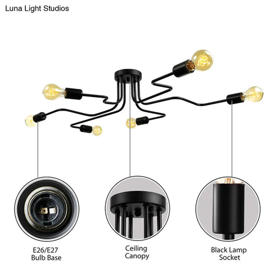Vintage Metallic Semi Flush Light With Sputnik Design In Antique Brass/Black - Exposed Ceiling Mount