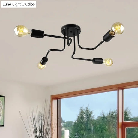 Vintage Metallic Semi Flush Light With Sputnik Design In Antique Brass/Black - Exposed Ceiling