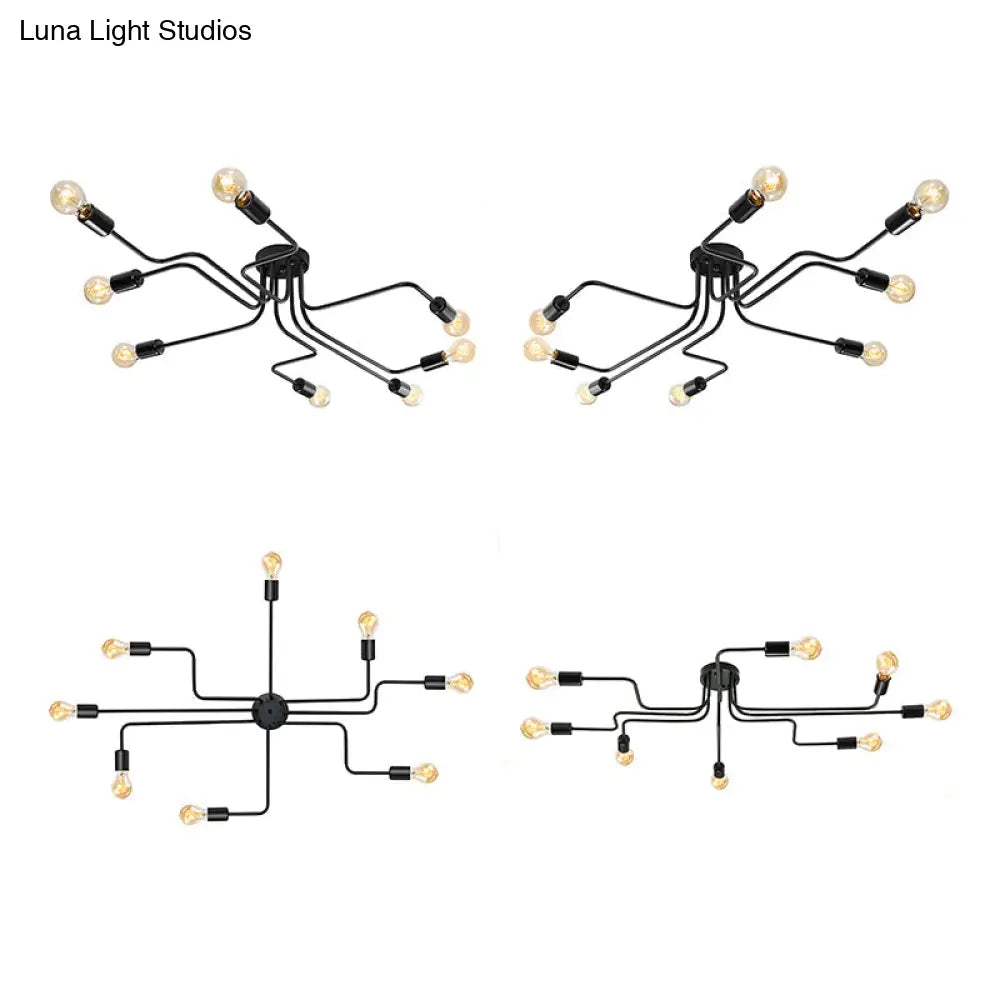 Vintage Metallic Semi Flush Light With Sputnik Design In Antique Brass/Black - Exposed Ceiling Mount