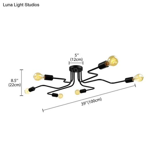 Vintage Metallic Semi Flush Light With Sputnik Design In Antique Brass/Black - Exposed Ceiling
