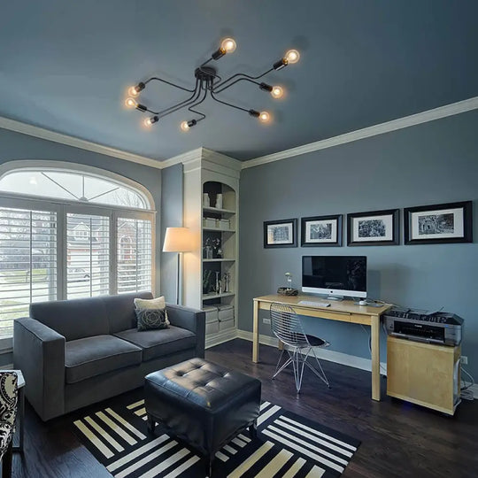 Vintage Metallic Semi Flush Light With Sputnik Design In Antique Brass/Black - Exposed Ceiling