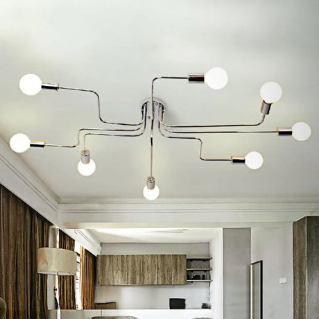 Vintage Metallic Semi Flush Light With Sputnik Design In Antique Brass/Black - Exposed Ceiling