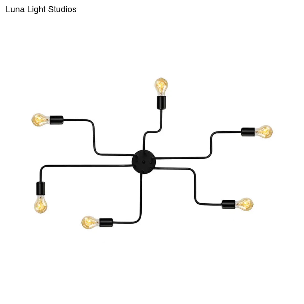 Vintage Metallic Semi Flush Light With Sputnik Design In Antique Brass/Black - Exposed Ceiling