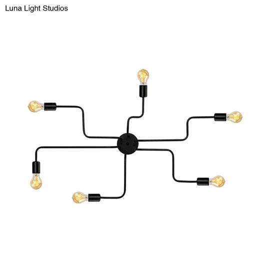 Vintage Metallic Semi Flush Light With Sputnik Design In Antique Brass/Black - Exposed Ceiling