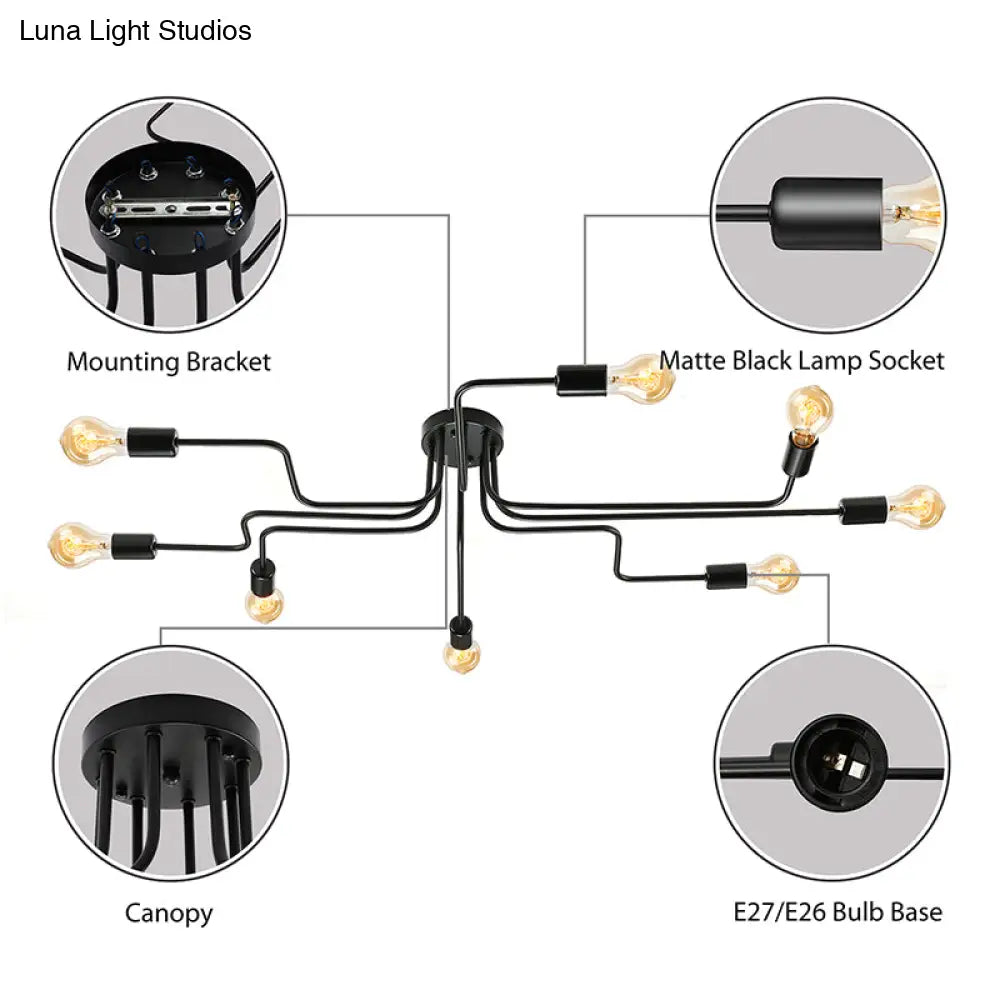 Vintage Metallic Semi Flush Light With Sputnik Design In Antique Brass/Black - Exposed Ceiling