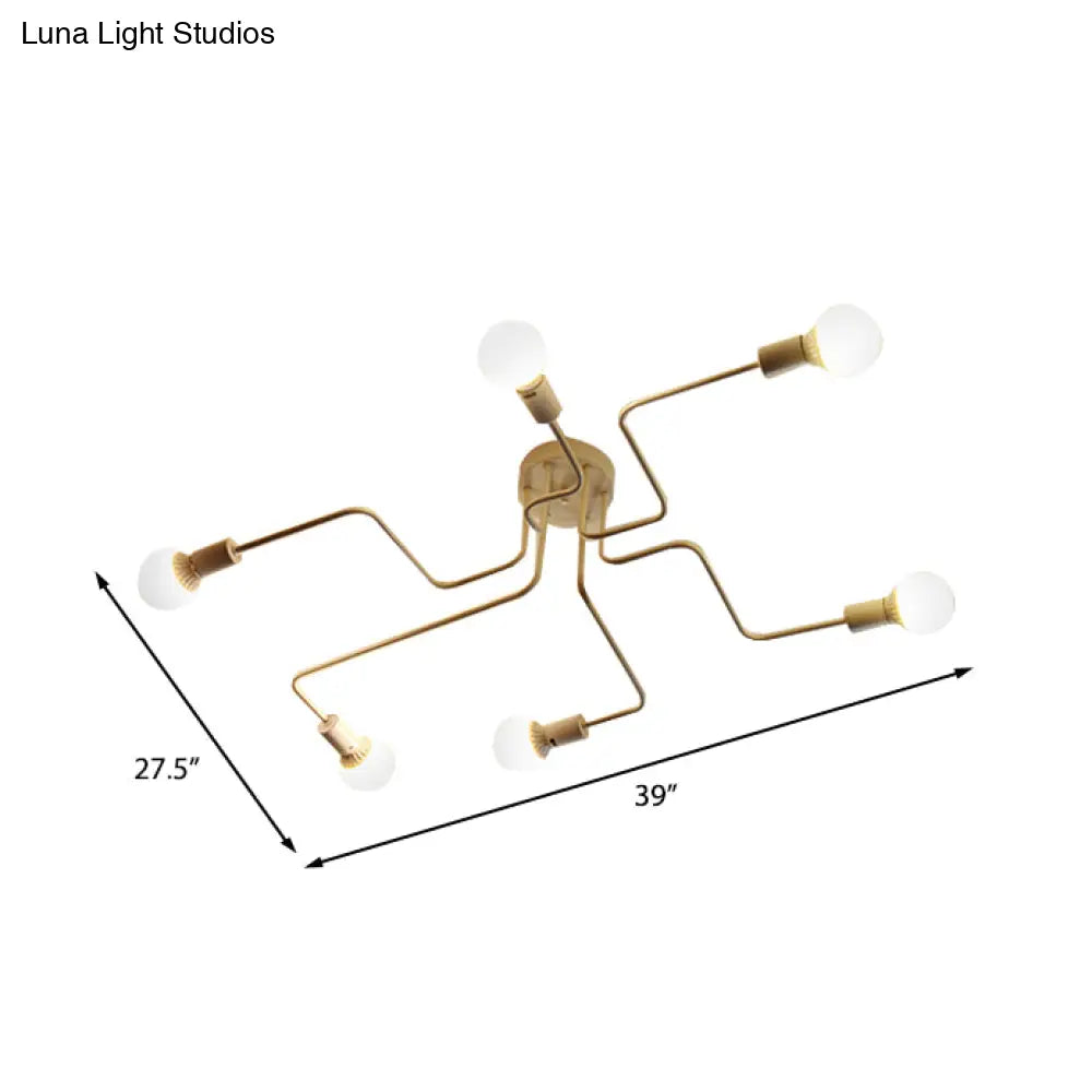Vintage Metallic Semi Flush Light With Sputnik Design In Antique Brass/Black - Exposed Ceiling Mount