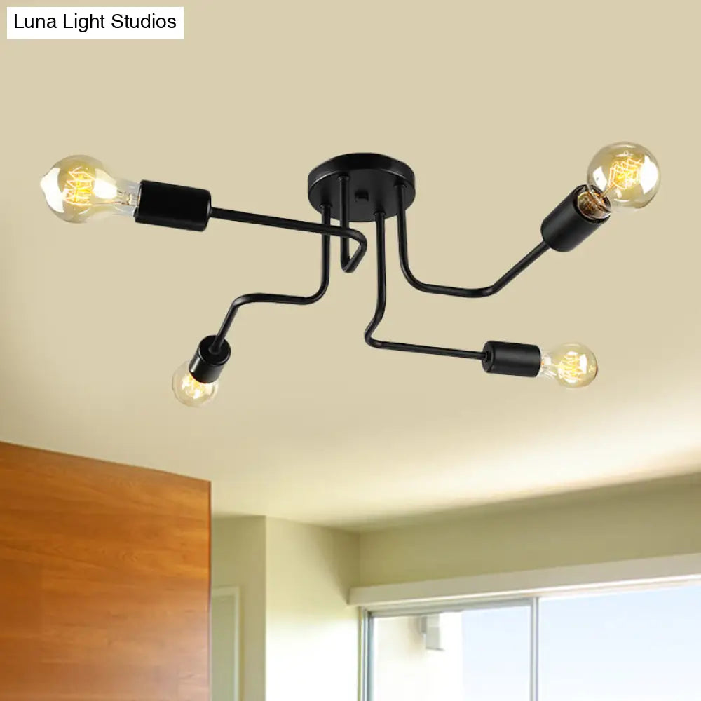 Vintage Metallic Semi Flush Light With Sputnik Design In Antique Brass/Black - Exposed Ceiling