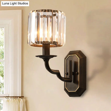 Vintage Metallic Wall Lamp With Clear Crystal Facets - Cylindrical 1-Head Black Fixture