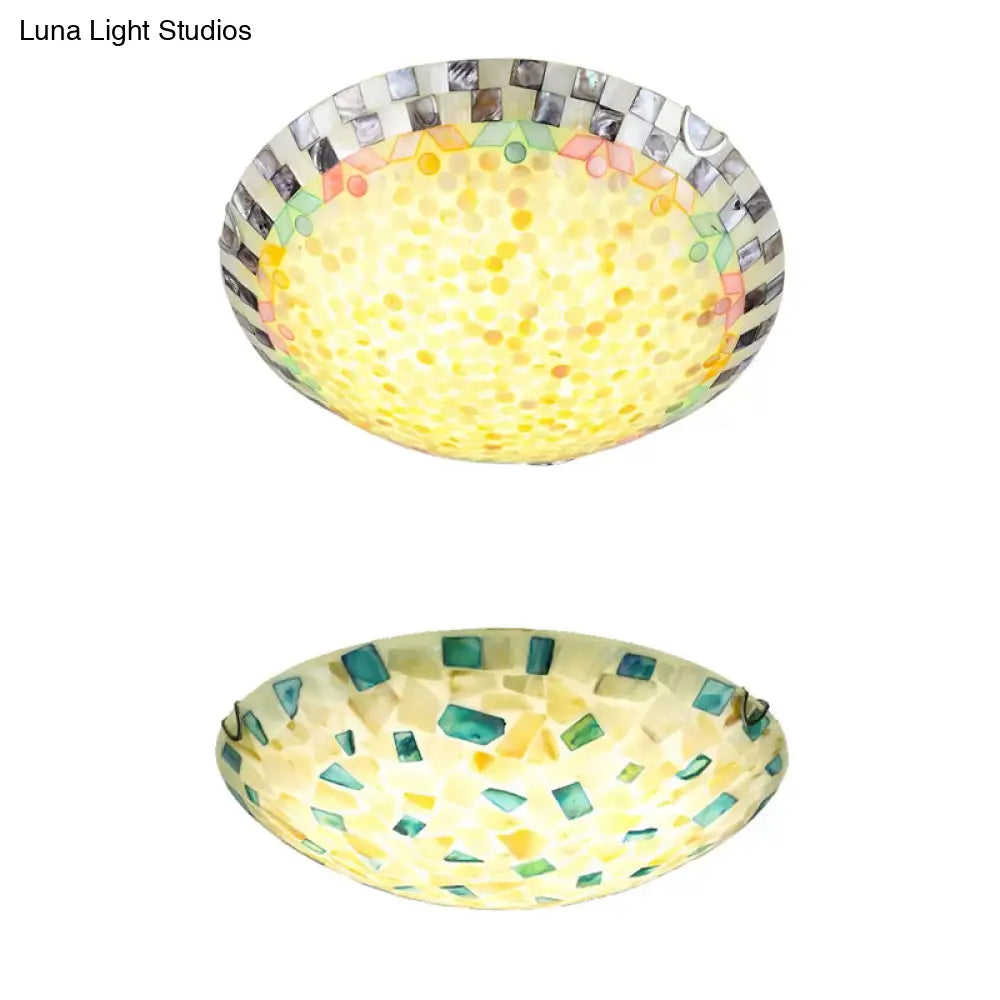 Vintage Mosaic Glass Bowl Ceiling Light Fixture - Beige/Blue 1 Bulb Flush Mount For Dining Room