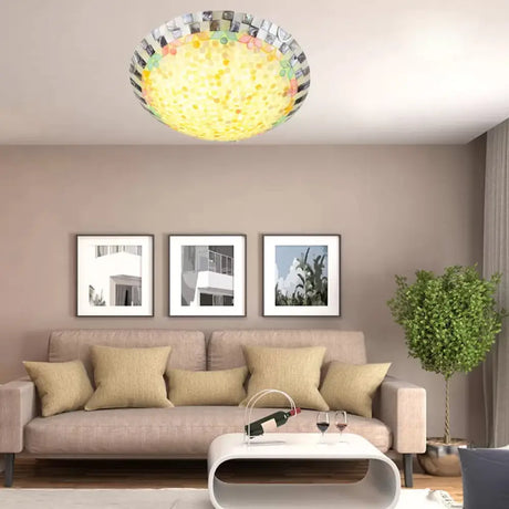 Vintage Mosaic Glass Bowl Ceiling Light Fixture - Beige/Blue 1 Bulb Flush Mount For Dining Room