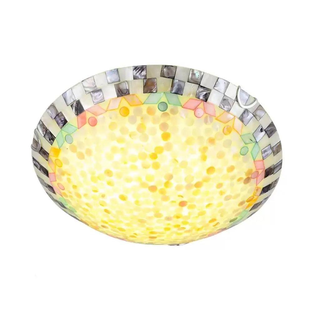 Vintage Mosaic Glass Bowl Ceiling Light Fixture - Beige/Blue 1 Bulb Flush Mount For Dining Room