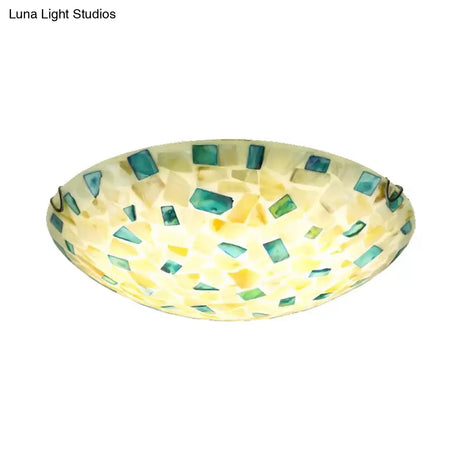 Vintage Mosaic Glass Bowl Ceiling Light Fixture - Beige/Blue 1 Bulb Flush Mount For Dining Room
