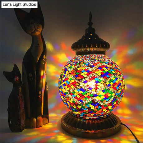 Vintage Multicolored Stained Glass Sphere Night Light Bedside Table Lamp - Yellow/Purple
