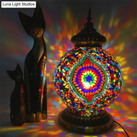 Vintage Multicolored Stained Glass Sphere Night Light Bedside Table Lamp - Yellow/Purple