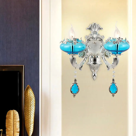 Vintage Oblate Blue Glass Wall Light With Crystal Accent In Silver For Corridors. 2 /