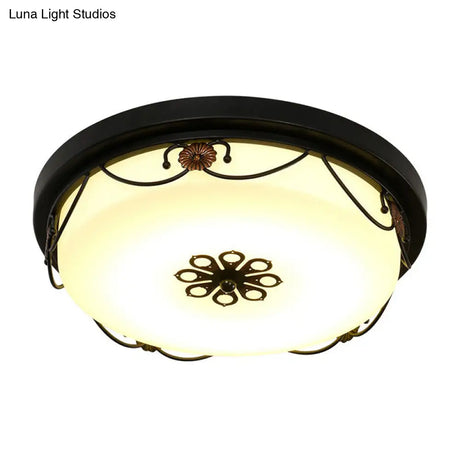 Vintage Opal Glass Drum Led Flush Ceiling Light For Bedroom Black Floral Decor