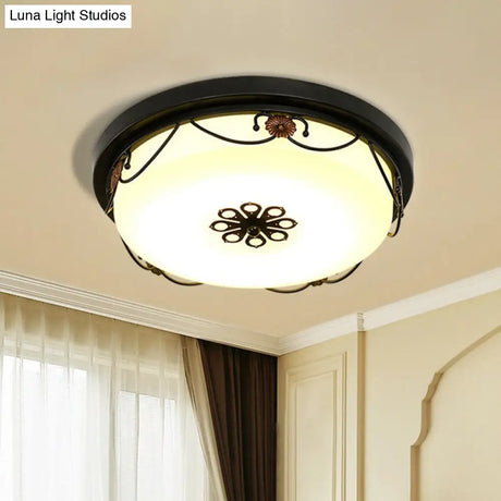 Vintage Opal Glass Drum Led Flush Ceiling Light For Bedroom Black Floral Decor