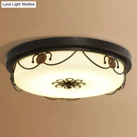 Vintage Opal Glass Drum Led Flush Ceiling Light For Bedroom Black Floral Decor