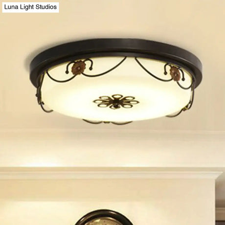 Vintage Opal Glass Drum Led Flush Ceiling Light For Bedroom Black Floral Decor