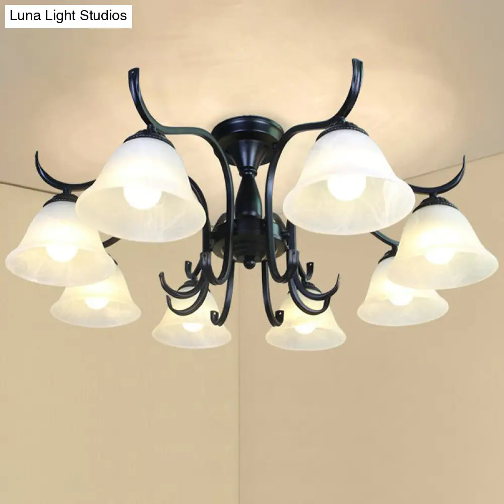 Vintage Opal Glass Semi Flush Mount Chandelier - Black Bell Shaped Ceiling Light For Living Room 8 /