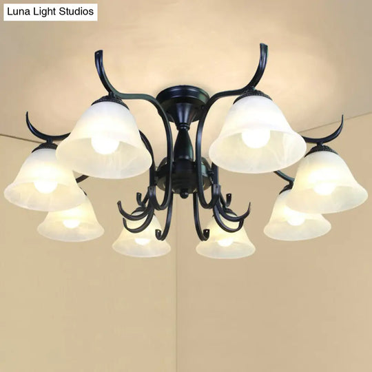 Vintage Opal Glass Semi Flush Mount Chandelier - Black Bell Shaped Ceiling Light For Living Room 8 /