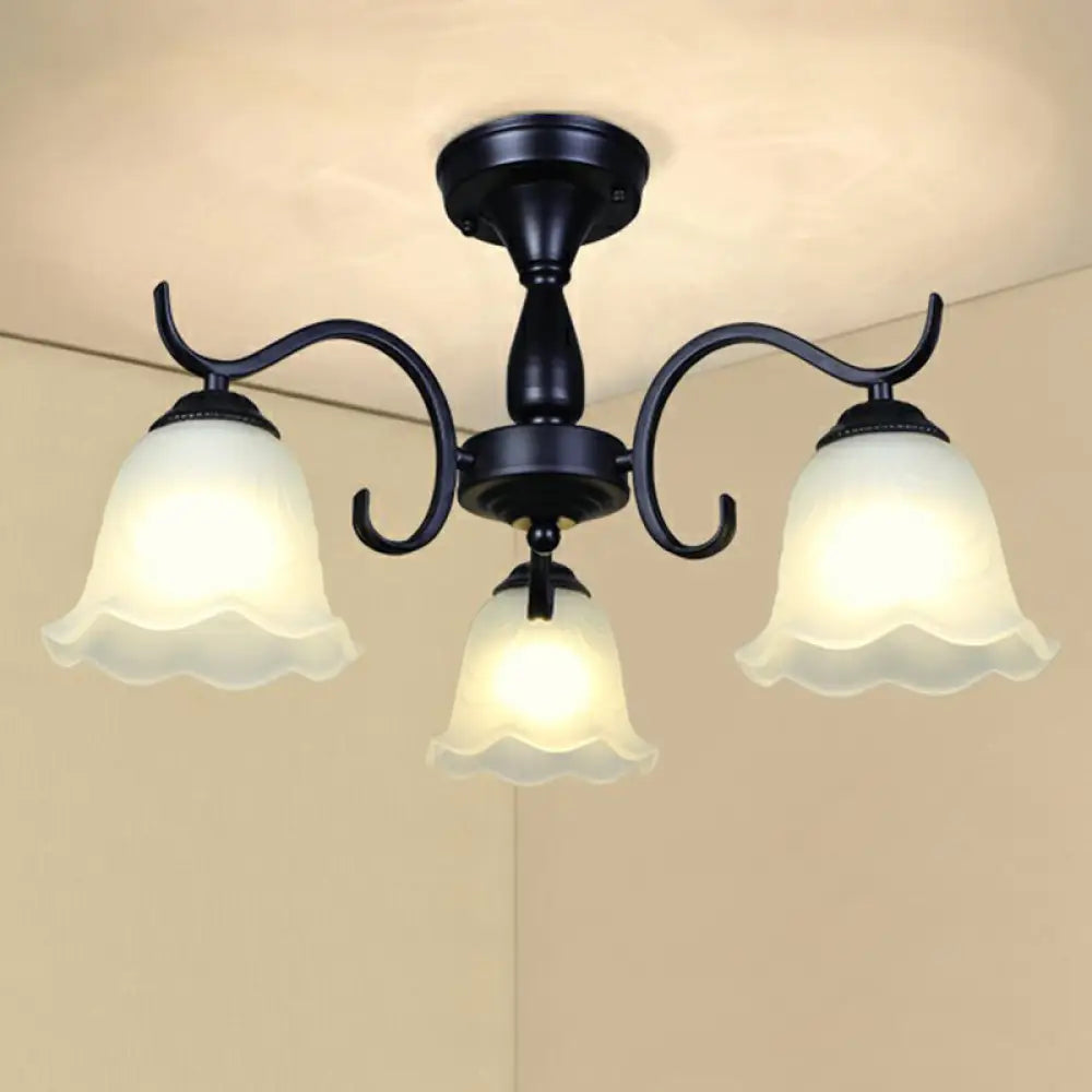 Vintage Opal Glass Semi Flush Mount Chandelier - Black Bell Shaped Ceiling Light For Living Room 3