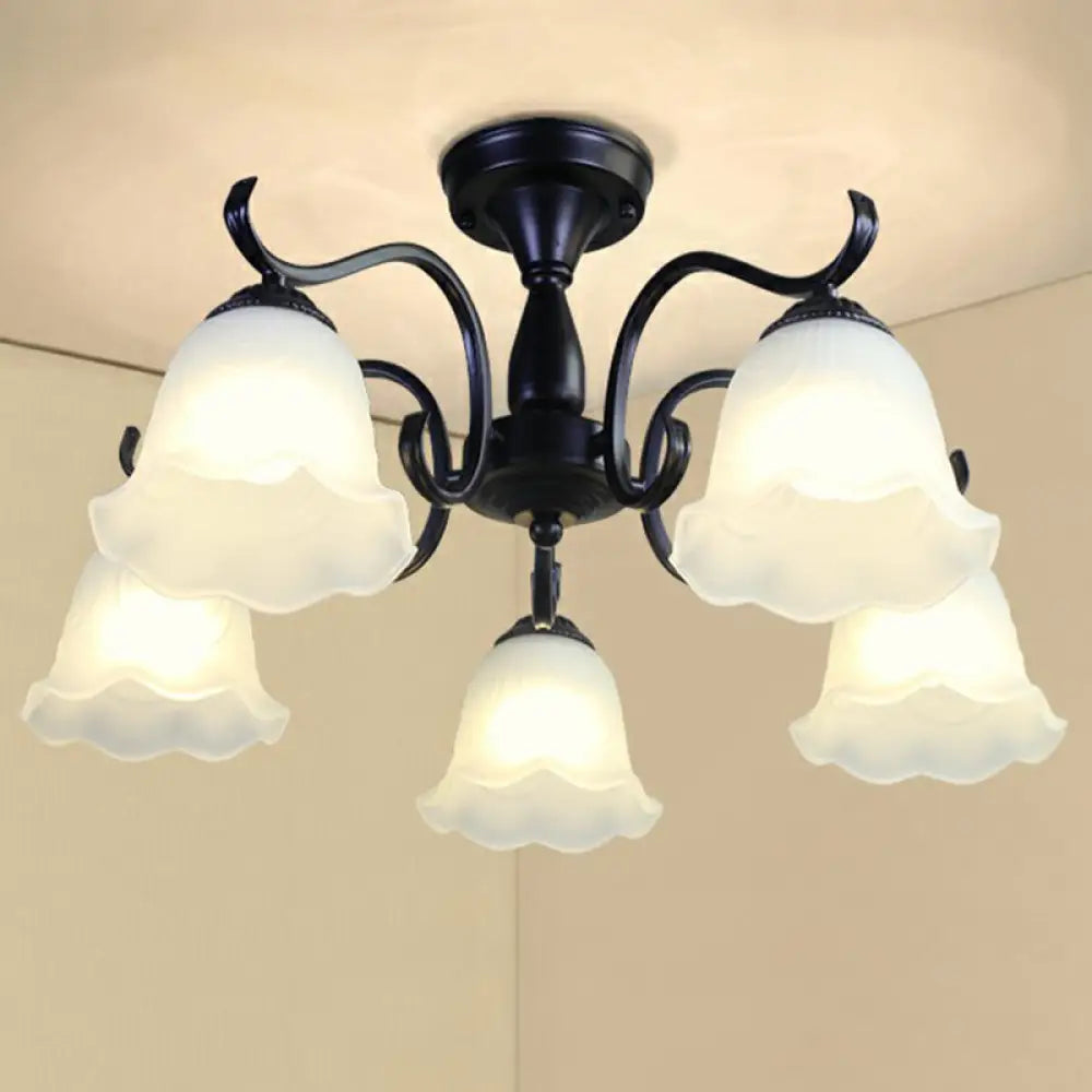 Vintage Opal Glass Semi Flush Mount Chandelier - Black Bell Shaped Ceiling Light For Living Room 5