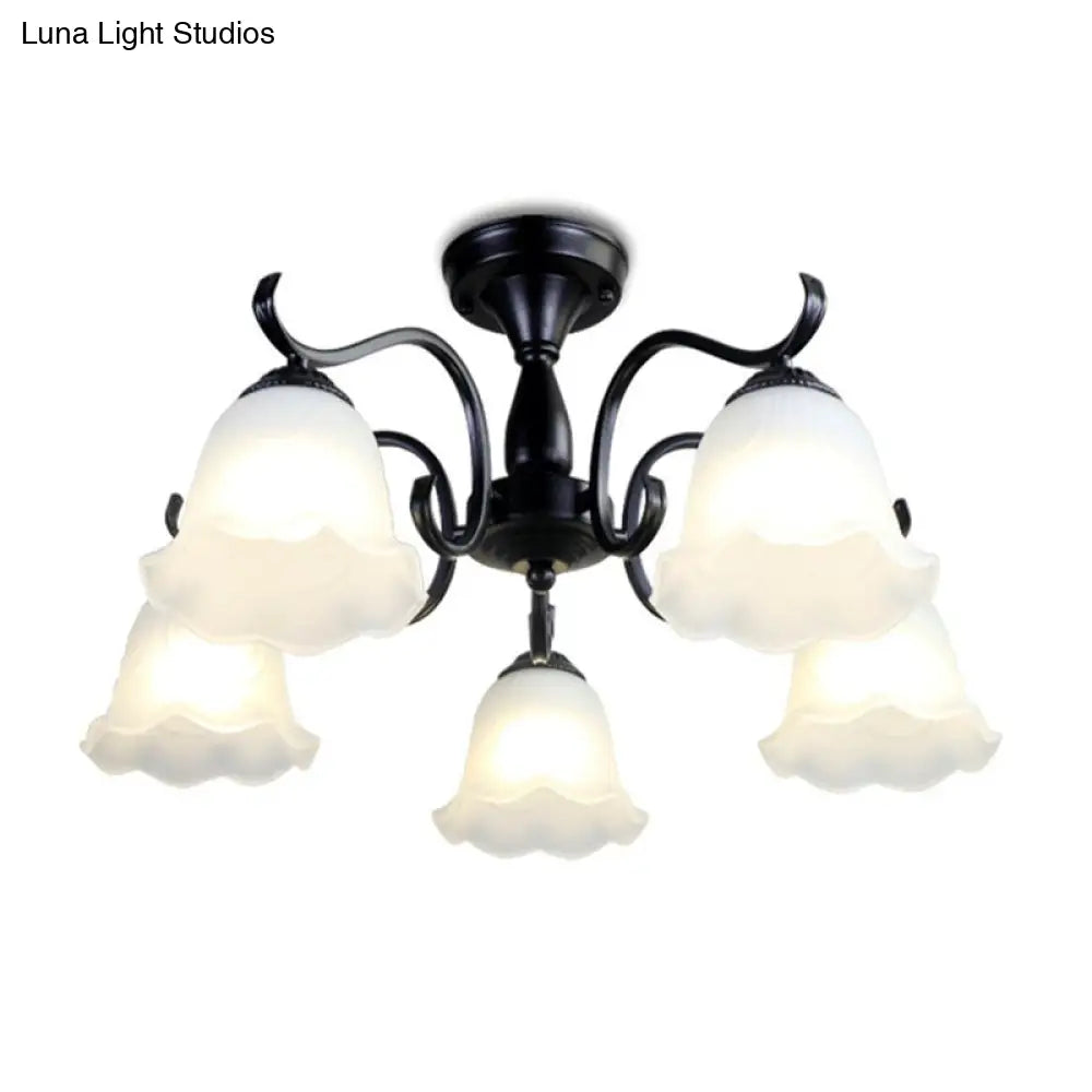 Vintage Opal Glass Semi Flush Mount Chandelier - Black Bell Shaped Ceiling Light For Living Room