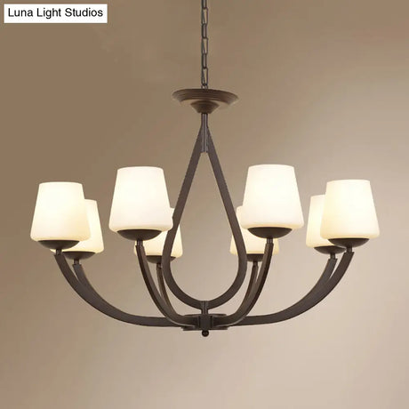 Vintage Pendant Light With Milk Glass Shade - Metal Black Finish Chandelier Swoop Arm