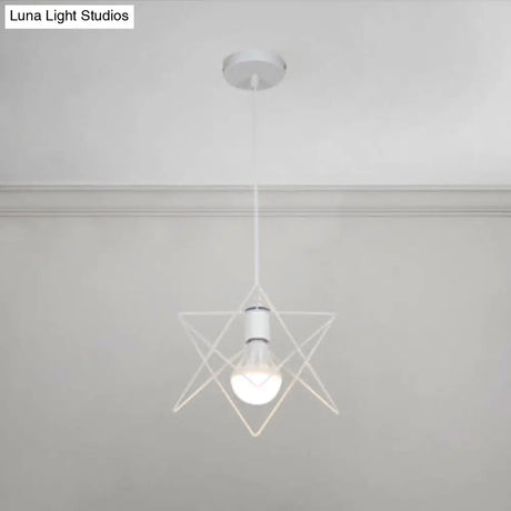Vintage Pendant Light With Wire Frame Star Shade & White Finish - Bedroom Suspension Lighting