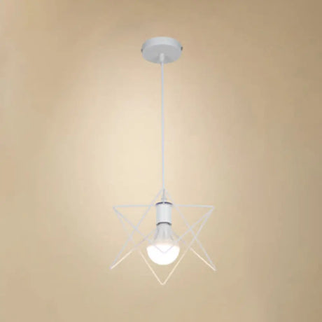 Vintage Pendant Light With Wire Frame Star Shade & White Finish - Bedroom Suspension Lighting