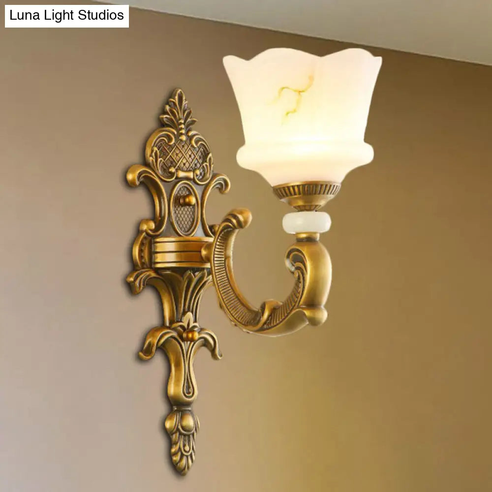 Vintage Petal Sconce Light Fixture - Opal Glass Wall Lamp In Brass For Bedroom