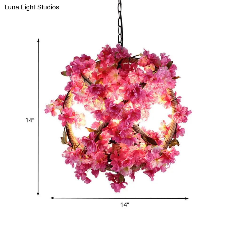 Vintage Pink Ball Pendant Light With Flower Decor For Restaurant - Led Ceiling Lamp