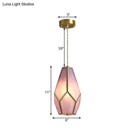 Vintage Gem Pink Textured Glass Pendant Light With Brass Drop - 1 Bulb Hanging Lamp
