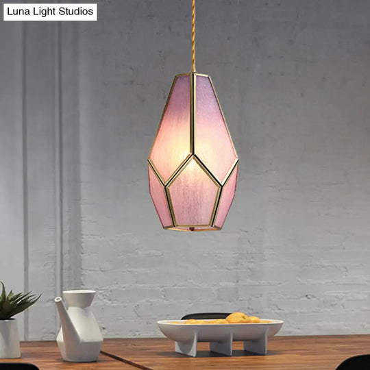 Vintage Gem Pink Textured Glass Pendant Light With Brass Drop - 1 Bulb Hanging Lamp