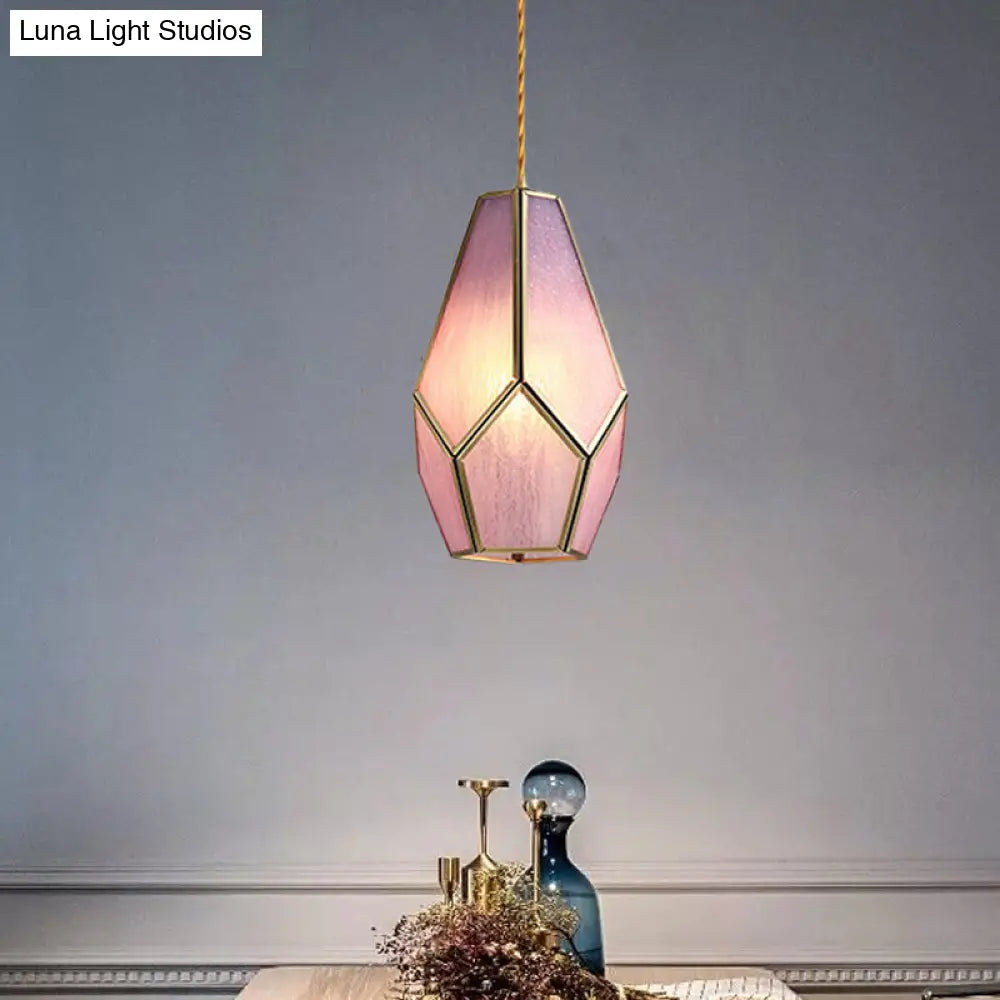Vintage Gem Pink Textured Glass Pendant Light With Brass Drop - 1 Bulb Hanging Lamp