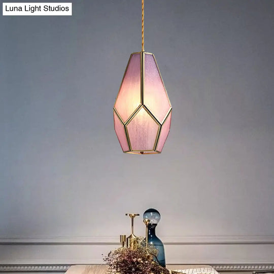 Vintage Gem Pink Textured Glass Pendant Light With Brass Drop - 1 Bulb Hanging Lamp