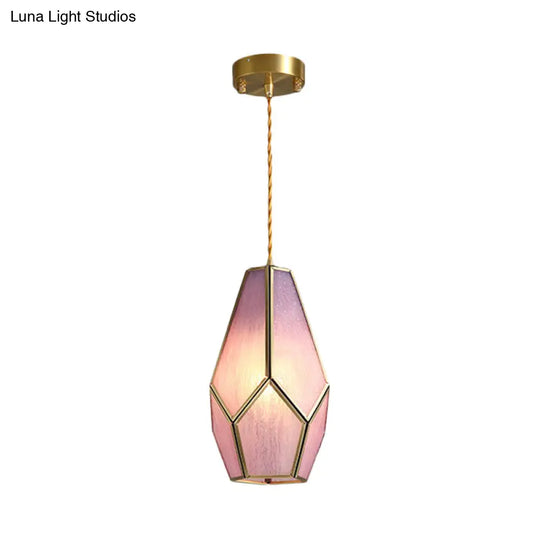 Vintage Gem Pink Textured Glass Pendant Light With Brass Drop - 1 Bulb Hanging Lamp