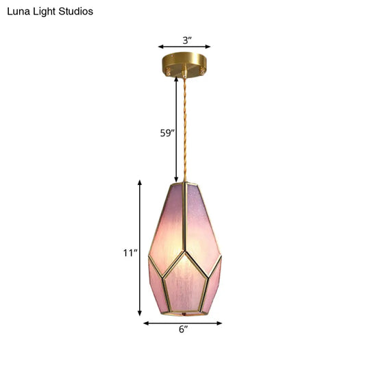 Vintage Pink Textured Glass Gem Hanging Lamp With Brass Drop Pendant Light - 1 Bulb