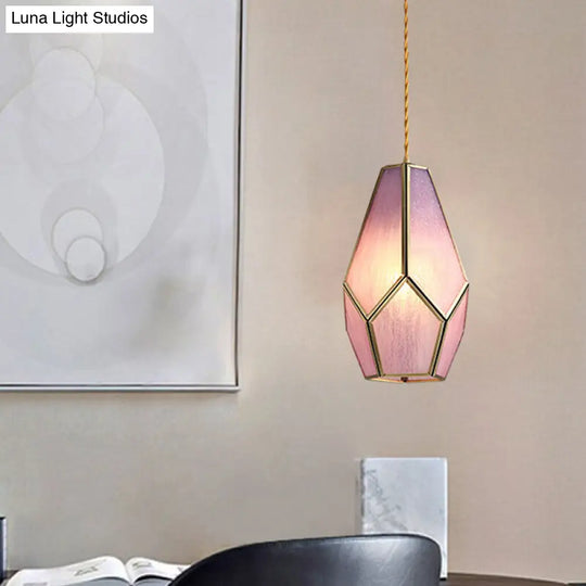 Vintage Gem Pink Textured Glass Pendant Light With Brass Drop - 1 Bulb Hanging Lamp