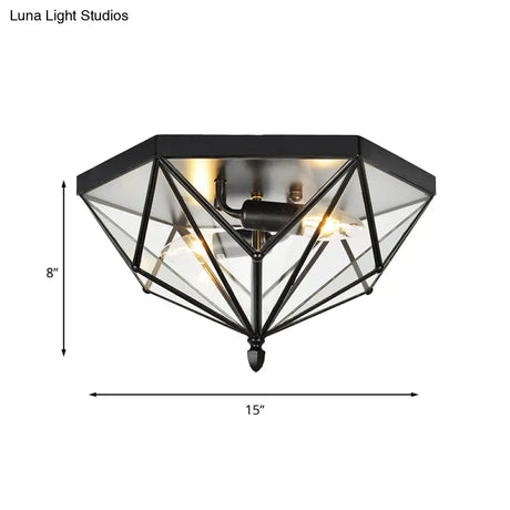 Vintage Polyhedron Clear Glass Ceiling Light - Single Bulb Flushmount In Black For Foyer