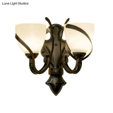 Vintage Porch Wall Lamp - White Glass Black Dome Sconce With Curvy Arm 1/2-Light