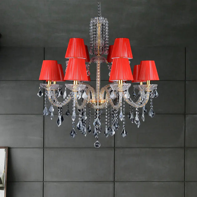 Vintage Red Cone Chandelier With Crystal Accents - 12 Head Bedroom Ceiling Lamp