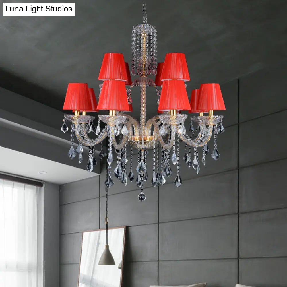 Vintage Red Cone Chandelier With Crystal Accents - 12 Head Bedroom Ceiling Lamp